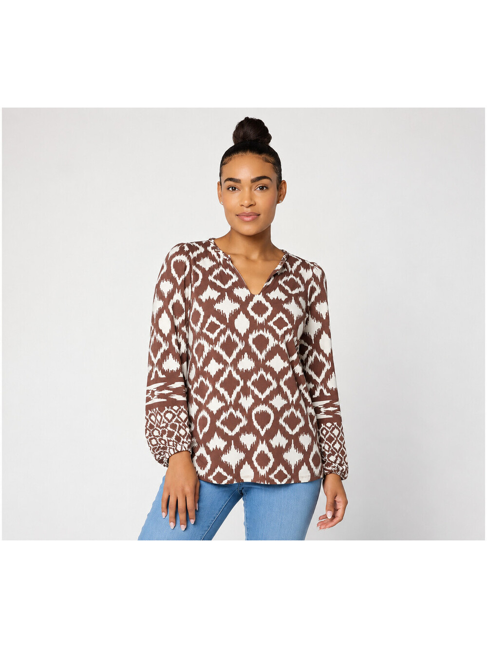 Belle by Kim Gravel Long Sleeve Dyed Geometry Split Neck Top Portabella, Size 2X